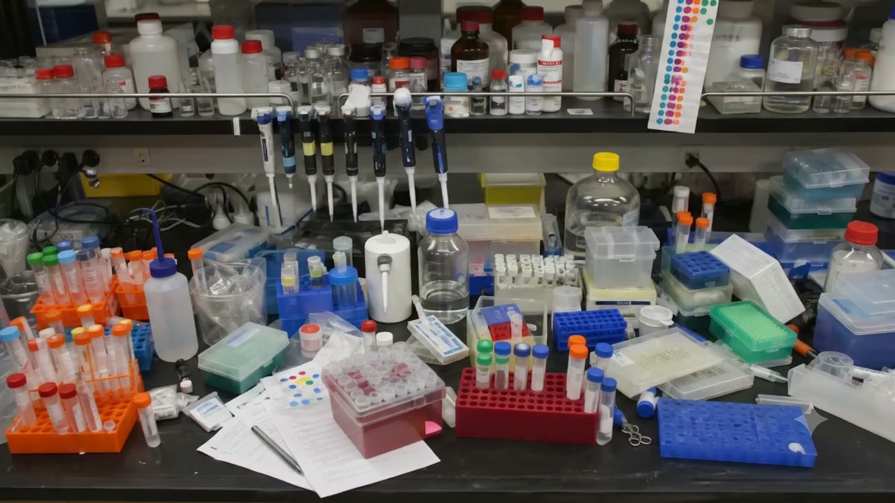 A laboratory bench crowded with sample racks, bottles, papers, tools, and consumables