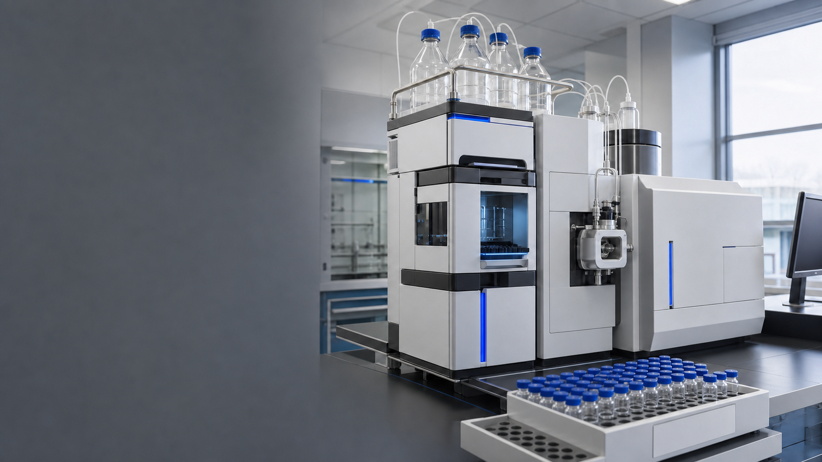 A staged vial rack beside original premium analytical instruments in a controlled QC laboratory