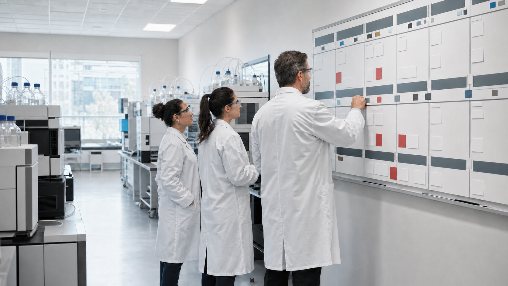 A lab manager and two analysts reviewing sample flow beside original premium analytical instruments